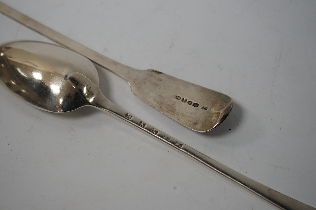 A George IV silver fiddle pattern soup ladle, by Charles Eley, London, 1827, 31.7cm, together with an 18th century silver Old English pattern basting spoon, maker possibly Richard Richardson III, Chester 1776? (indistinc